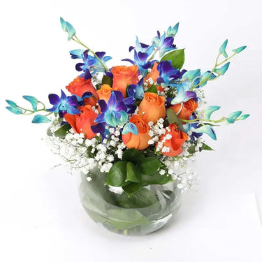 Fantastic Floral Display, Seventeen Blooms, Fish Bowl, Orange Roses, Blue Orchids